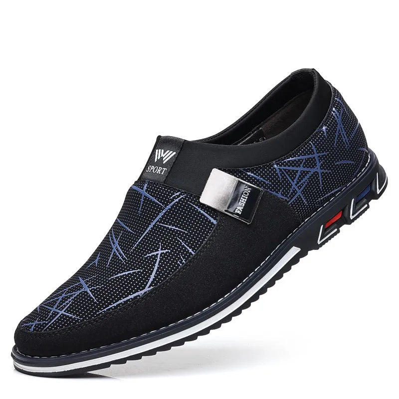 Men's grey and white low-top casual shoes with a square toe and flat rubber sole.