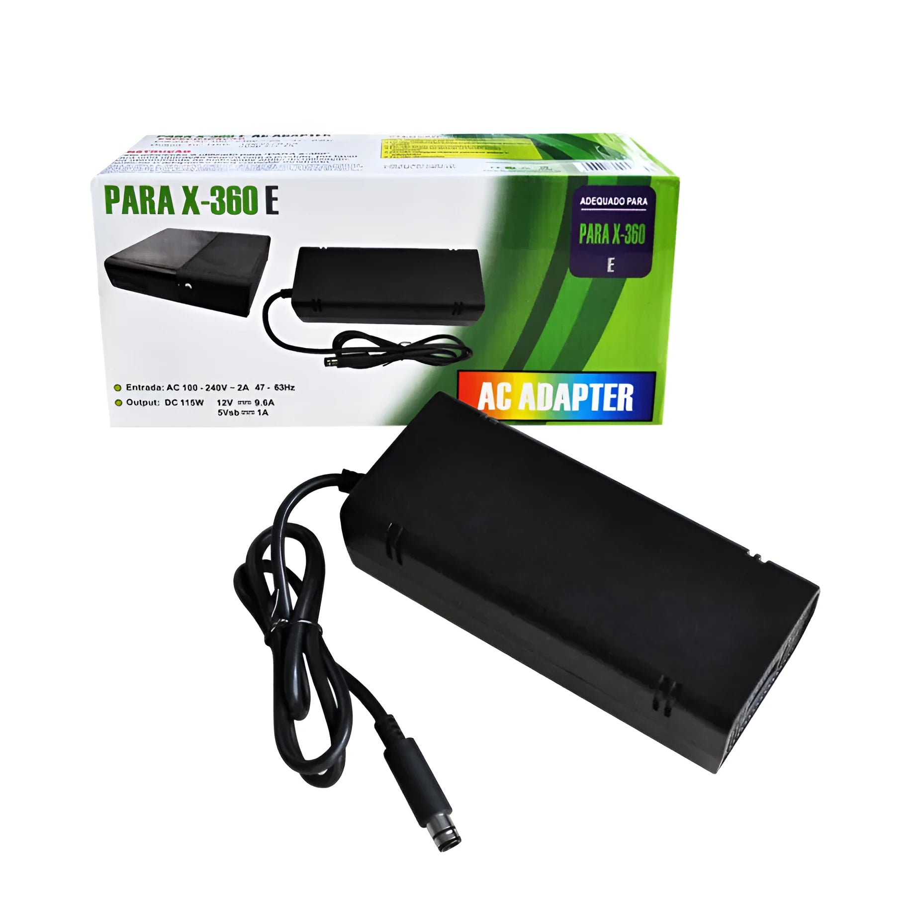 Black Microsoft Xbox 360 E AC power adapter with cable and plug.