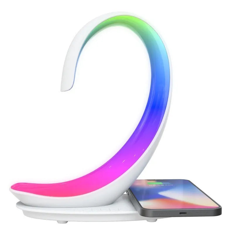 White Swan animal sculpture desktop wireless charger with Bluetooth speaker and colourful LED mood lighting