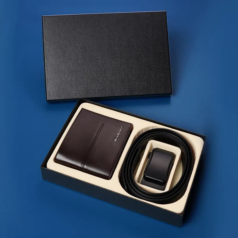 Genuine leather men's belt and wallet combo set with alloy buckle in black and brown, includes gift box