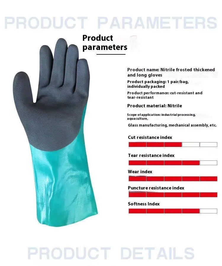 Navy blue nitrile waterproof gloves for fishing, shown in short and lengthened versions
