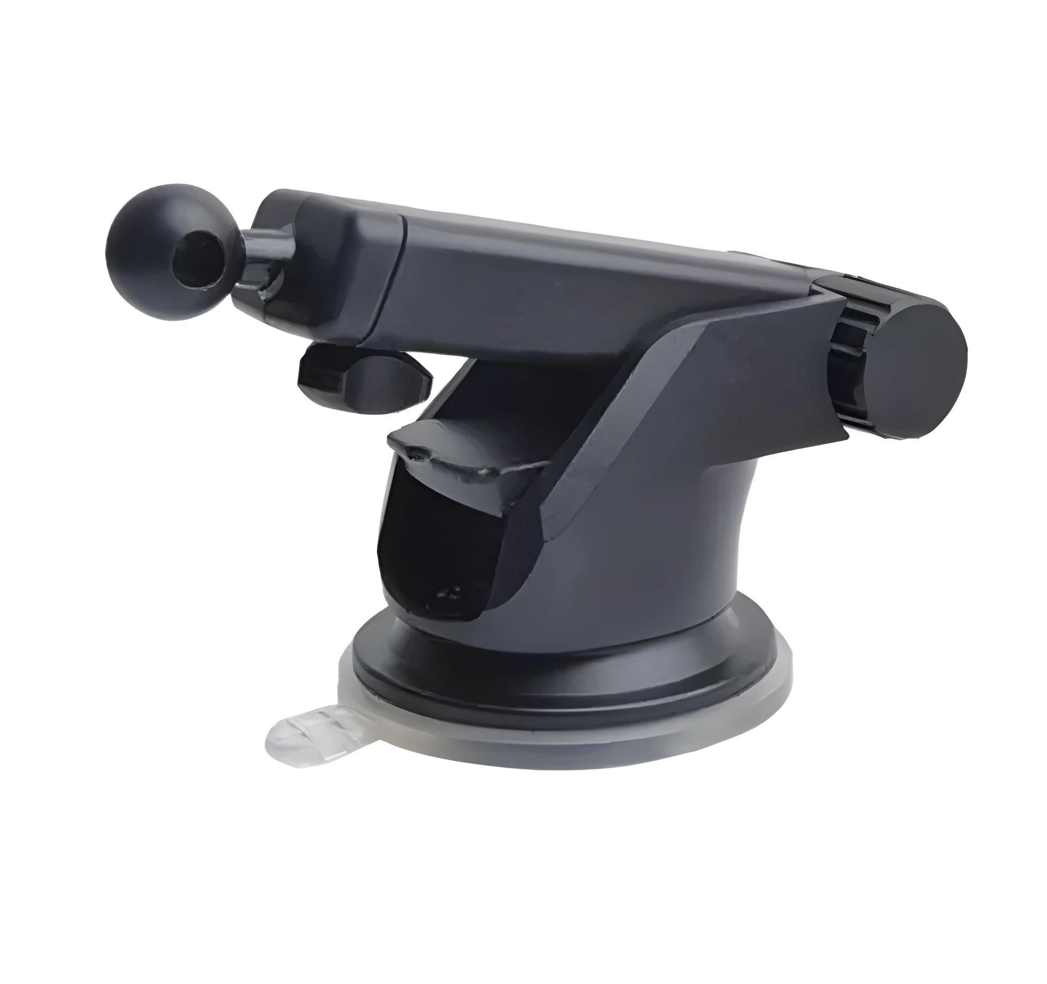 Black universal telescopic car phone bracket mounted on dashboard holding smartphone
