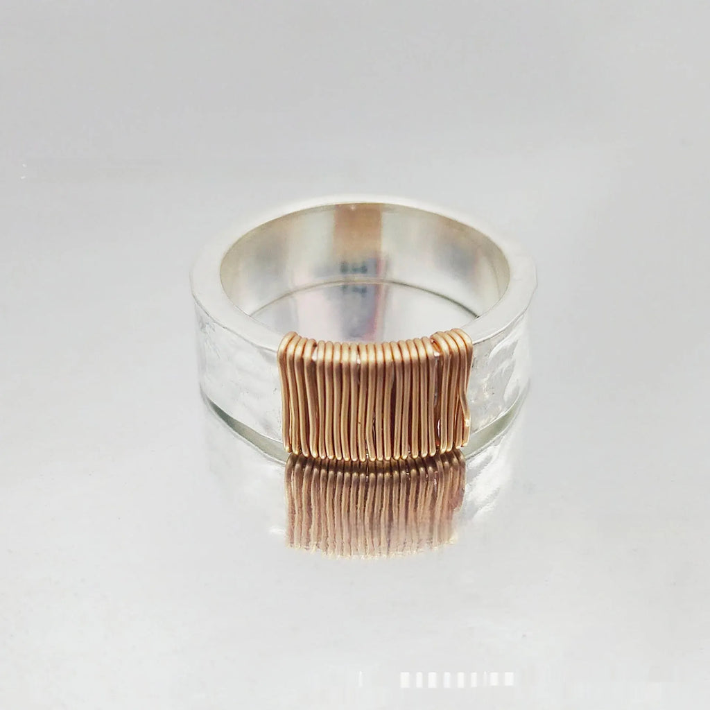 Copper wide face ring bracelet with geometric vintage coil design in silver gold colour.