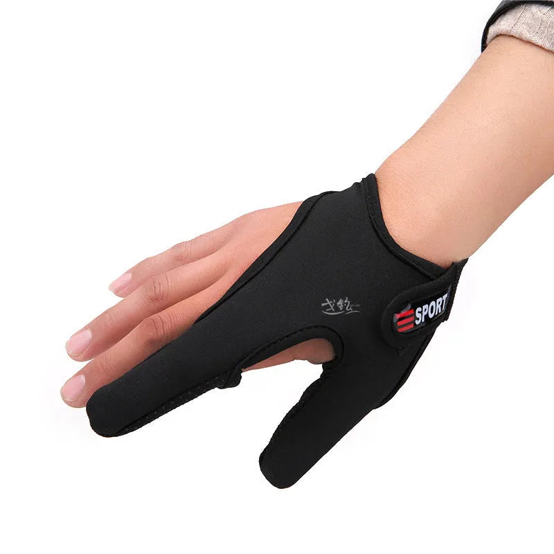 Two-finger fishing glove for tackle handling in blue, made from dive cloth and microfiber palm.