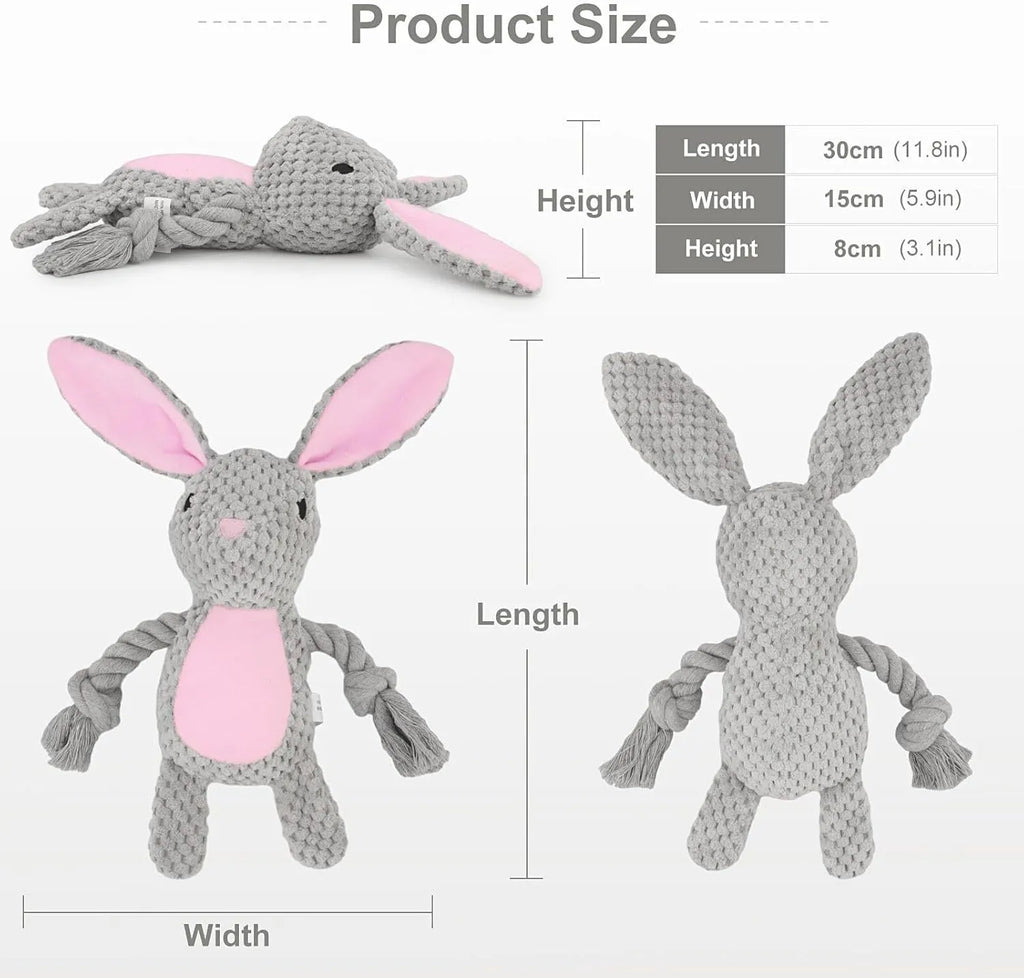Plush dog toy with a cotton rope tail, shown in Elephant, Fox, Monkey, Pig, and Rabbit designs.
