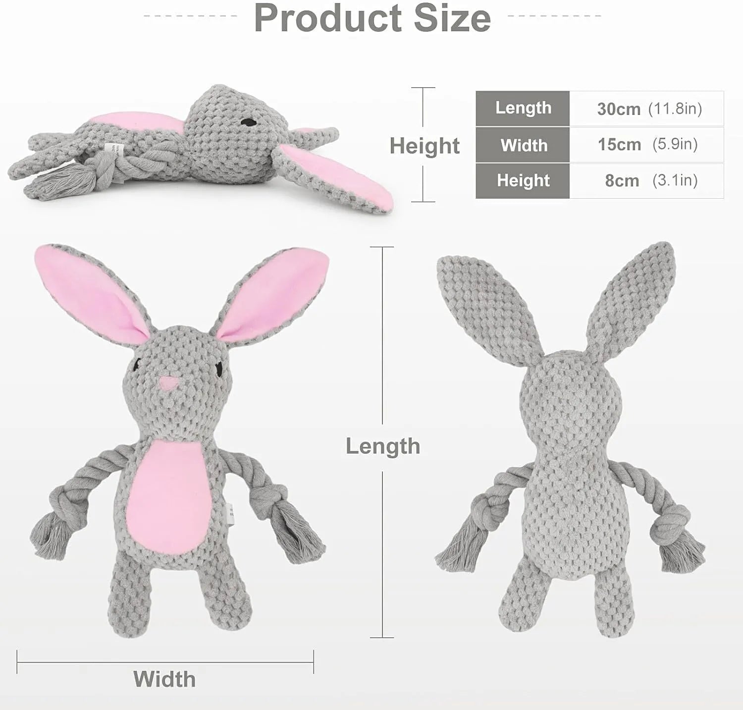 Plush dog toy with a cotton rope tail, shown in Elephant, Fox, Monkey, Pig, and Rabbit designs.