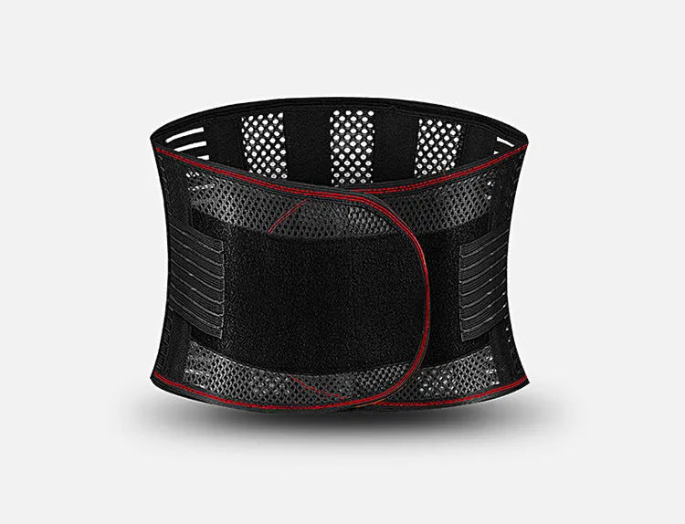 Black breathable sports waist support belt with internal steel plate shown on a plain background.