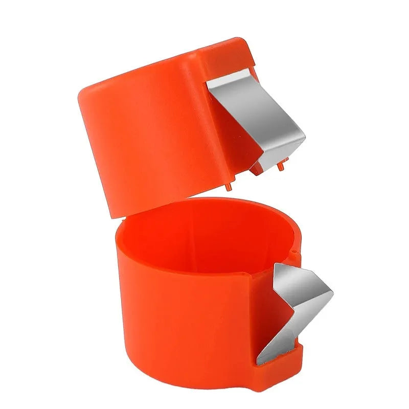 Egg shell opener and beater kitchen tool with stainless steel blades and coloured plastic handle