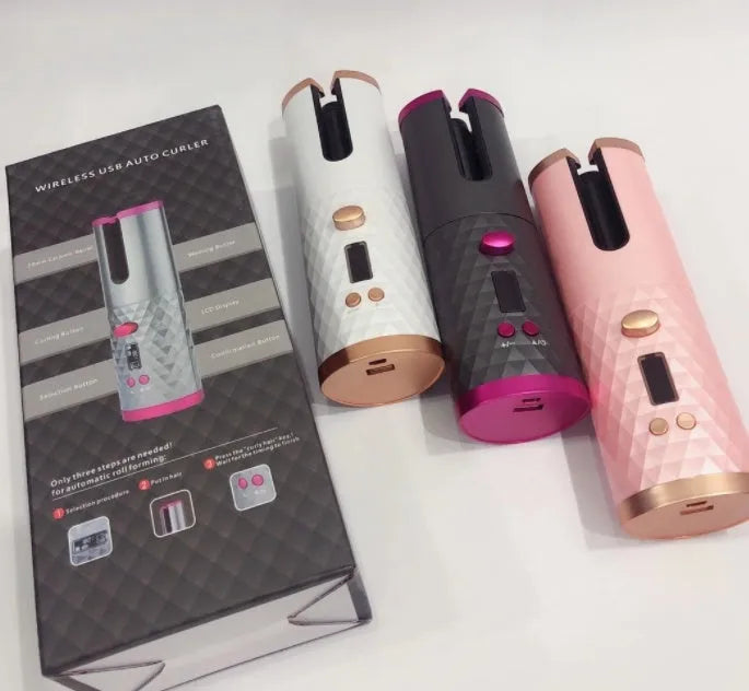 White portable mini curling iron with USB charging port and gold ceramic barrel.