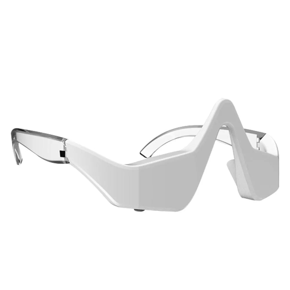Pink and white 3D micro-current eye massager shaped like glasses on a grey background.