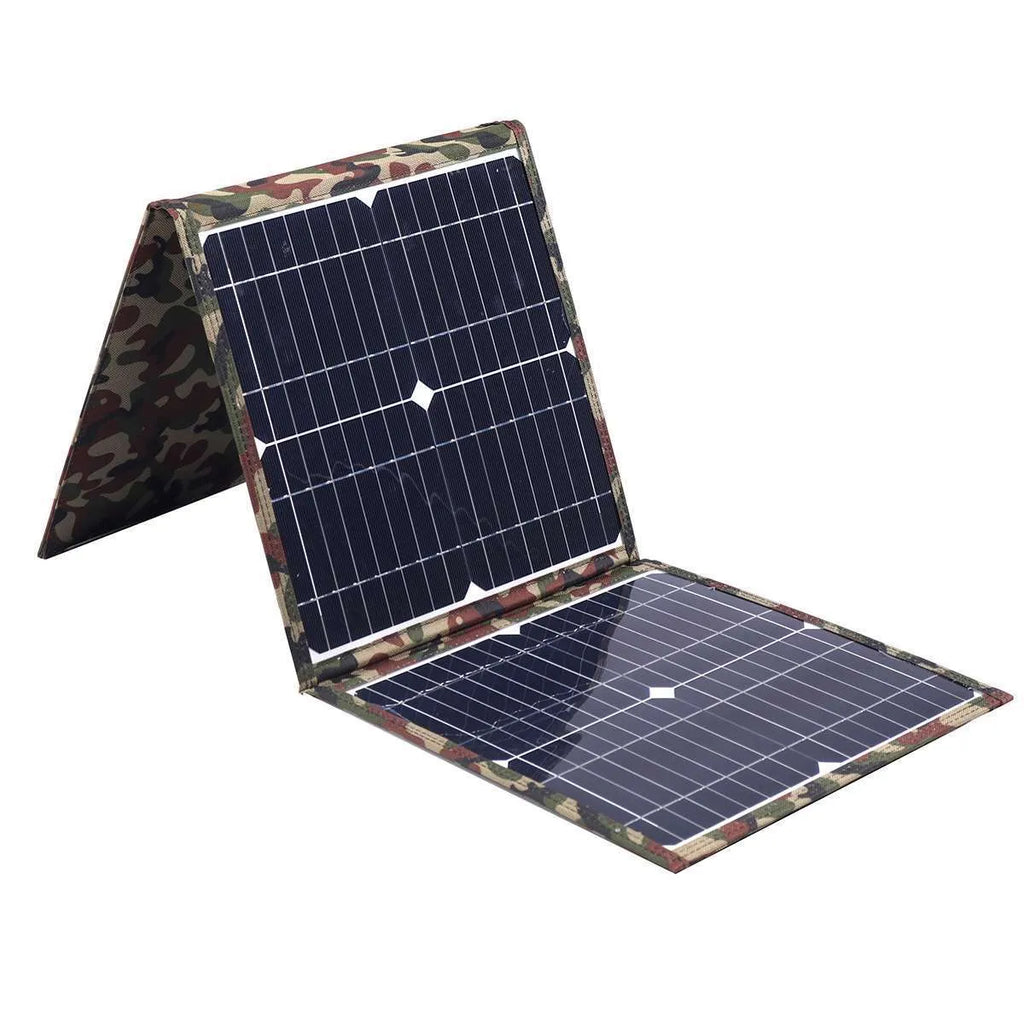 36W black foldable solar panel with monocrystalline cells and charging accessories