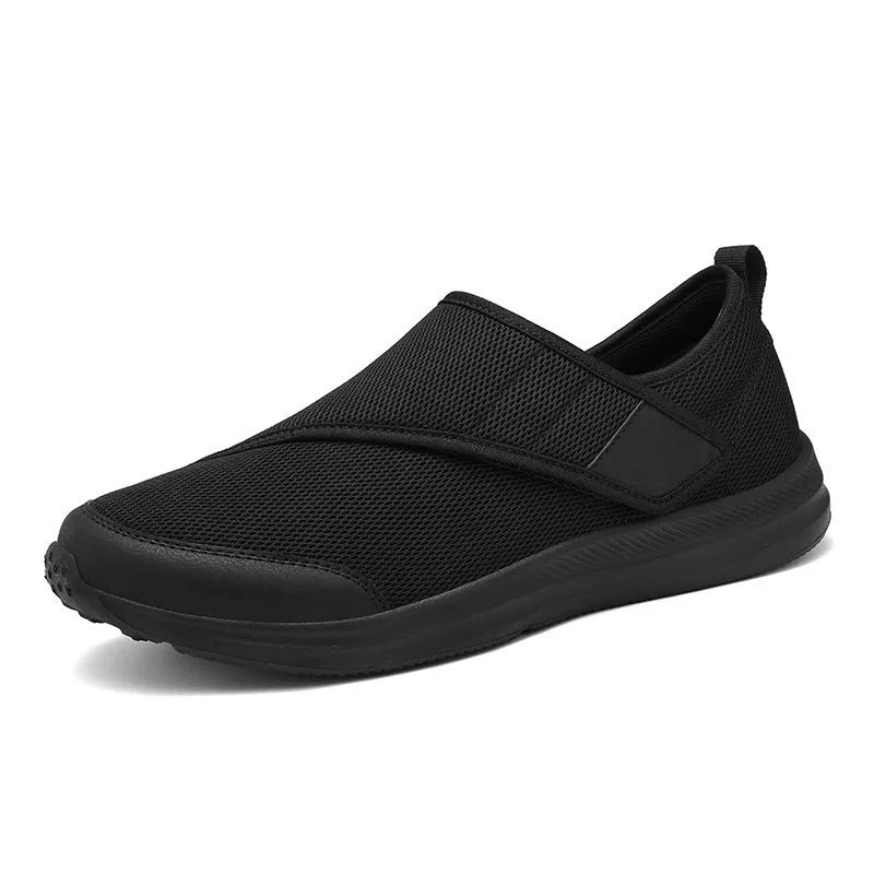 Summer walking shoes with mesh upper, flat heel, and Velcro fastening in black, grey, blue, or wine red.