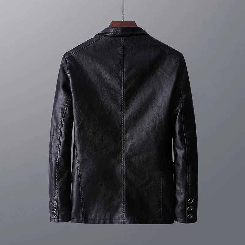Men's PU leather jacket with studded lapels and quilted sleeves in black, red, and orange, sizes M to 6XL