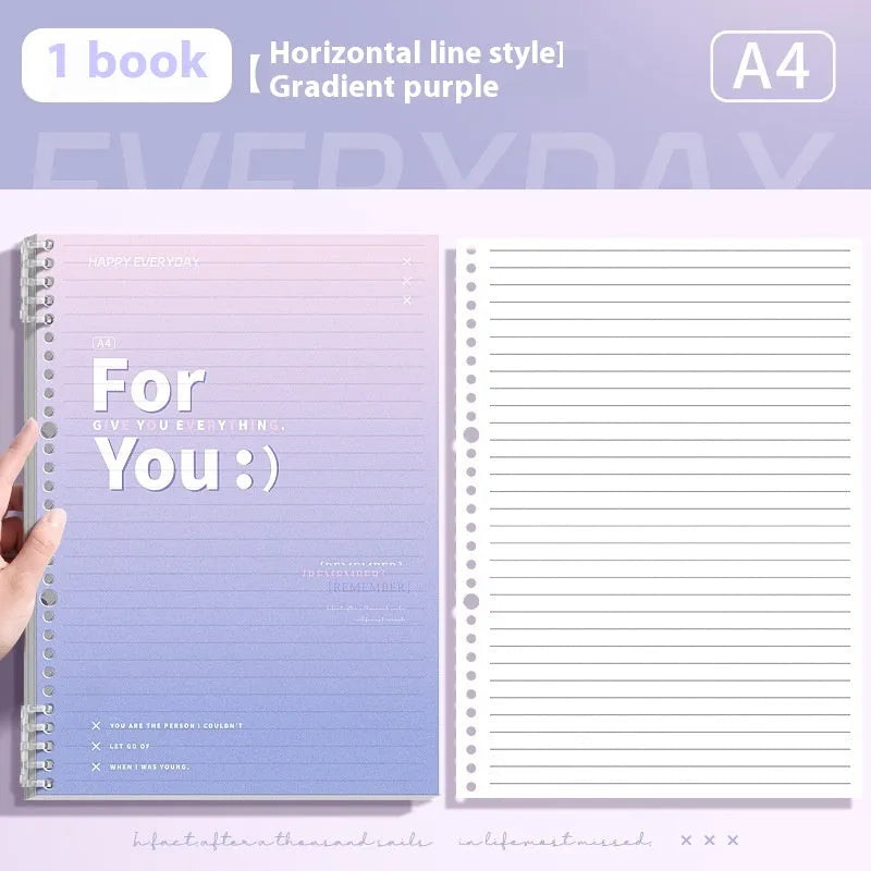 Removable coil gradient notebook with wood-free paper pages in green, blue, pink, or purple cover options