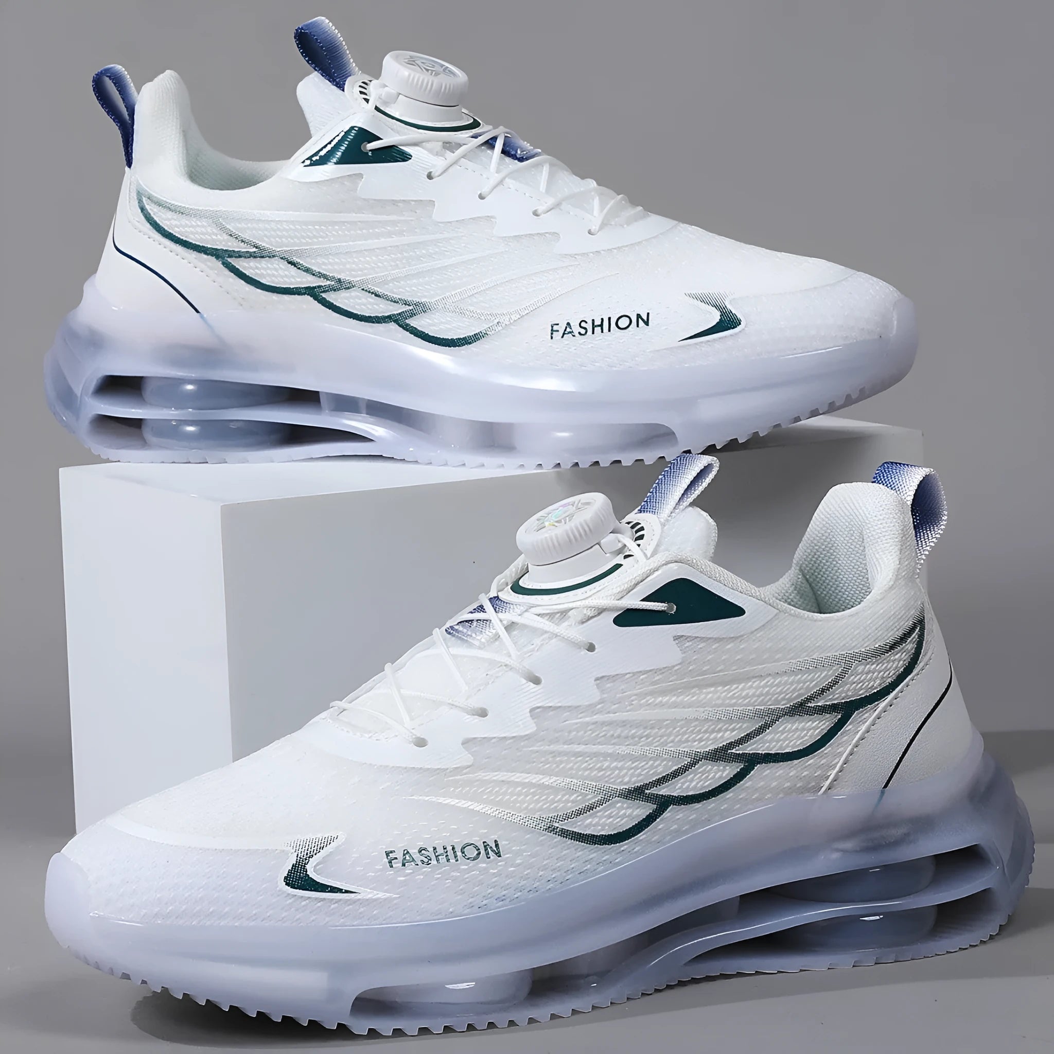 White rotating button Korean style casual shoes with mesh upper and rubber sole