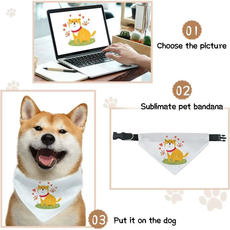White adjustable polyester dog scarf designed for thermal transfer customisation with four size options