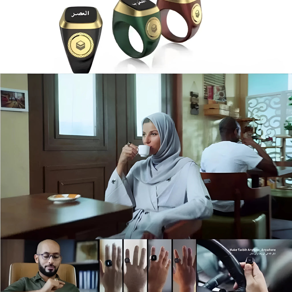 Zikr1 metal smart ring showing OLED display, available in black, green, rose gold, and silver.