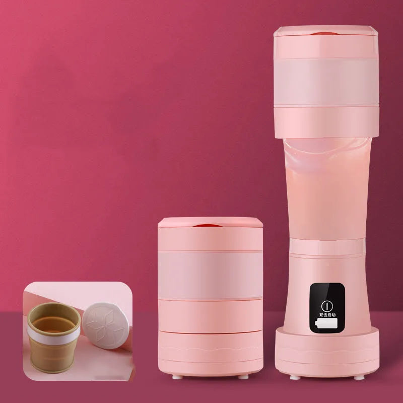 Blue and pink portable USB blender with telescopic design and 450ml silicone cup