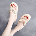 Women's high-heeled flip-flops in black and beige with cotton cloth upper