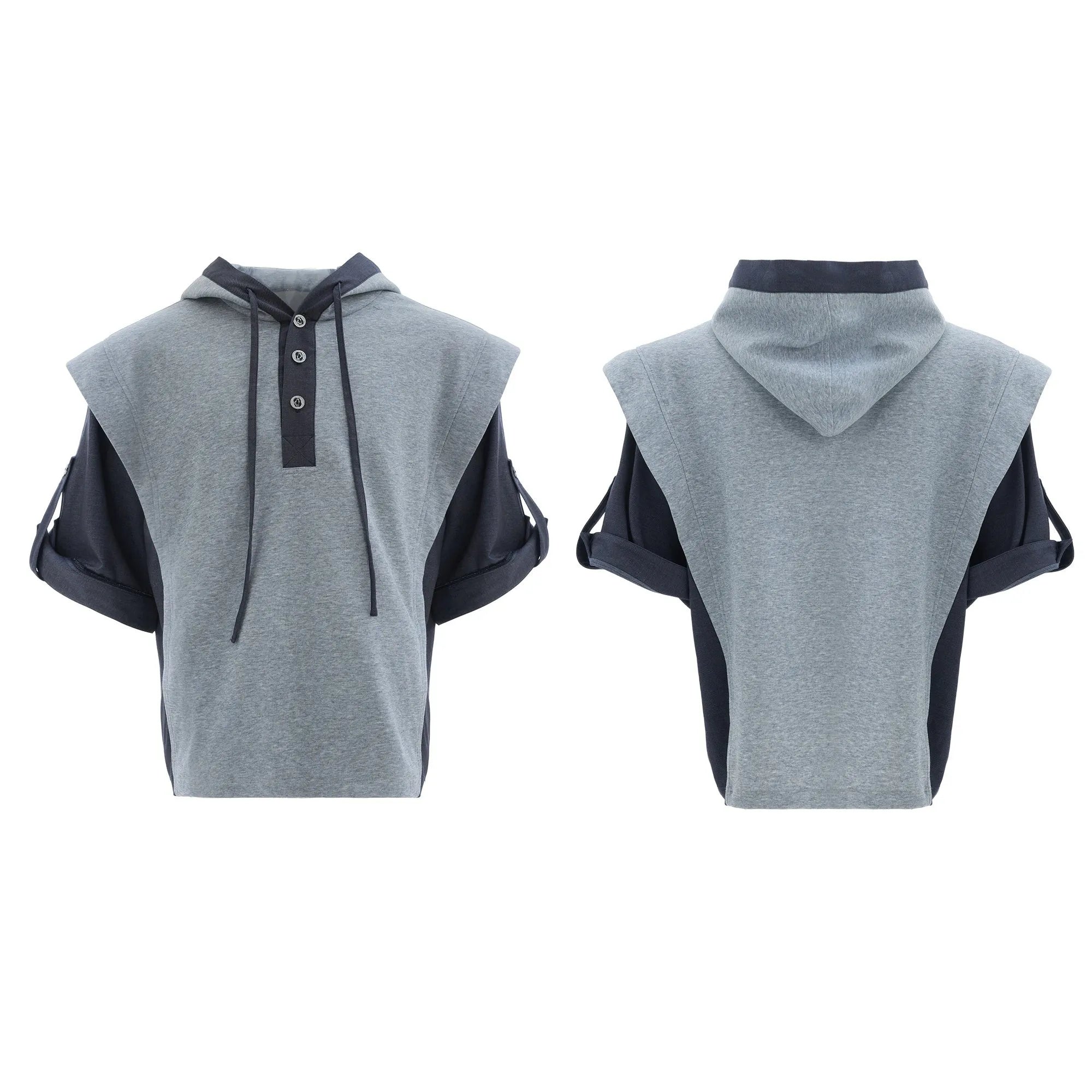 Men's black hooded polyester sports suit with three-dimensional stitching and matching trousers