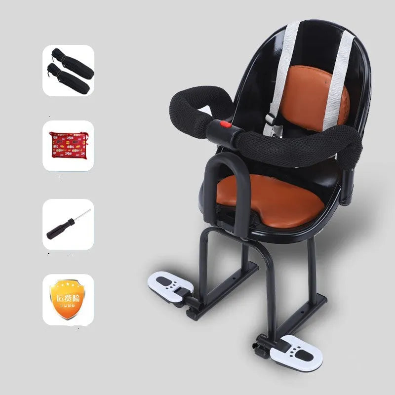 Front-mounted child seat for electric scooters with steel frame in black, red or white