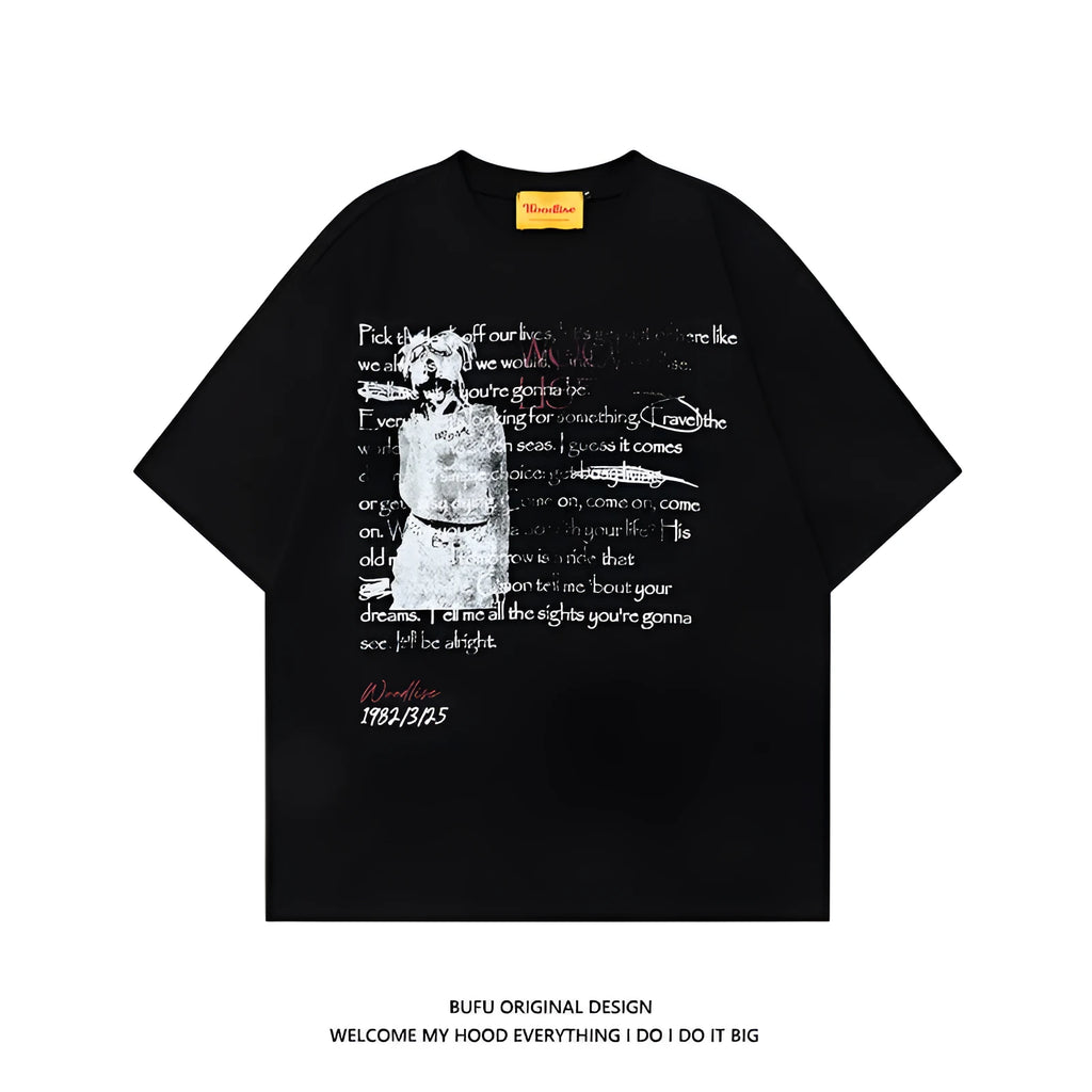 Black and white men's loose pure cotton t-shirt with short raglan sleeves and hip hop letter printing
