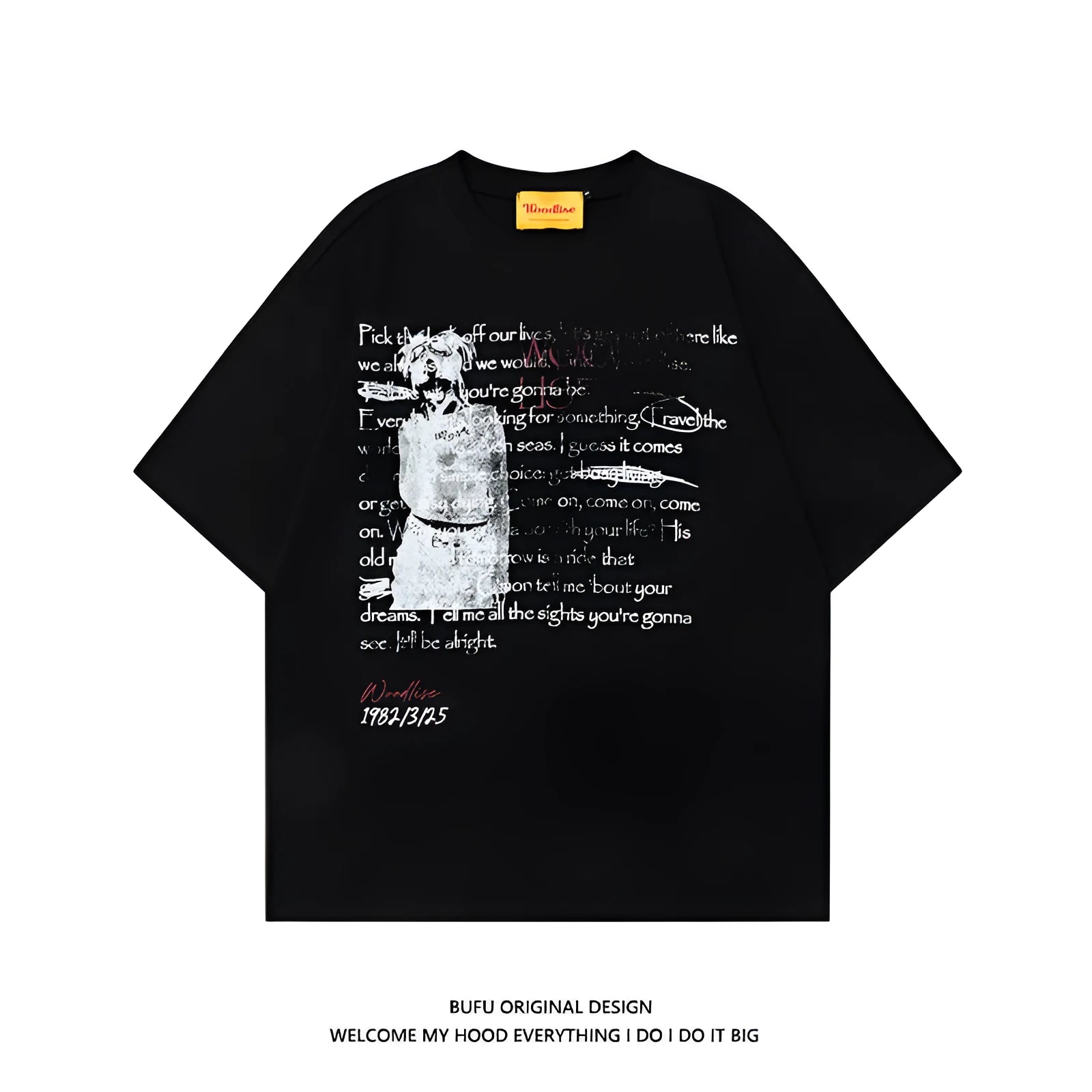 Black and white men's loose pure cotton t-shirt with short raglan sleeves and hip hop letter printing