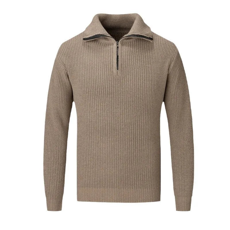Man wearing a solid-colour slim-fit pullover sweater in a casual setting.