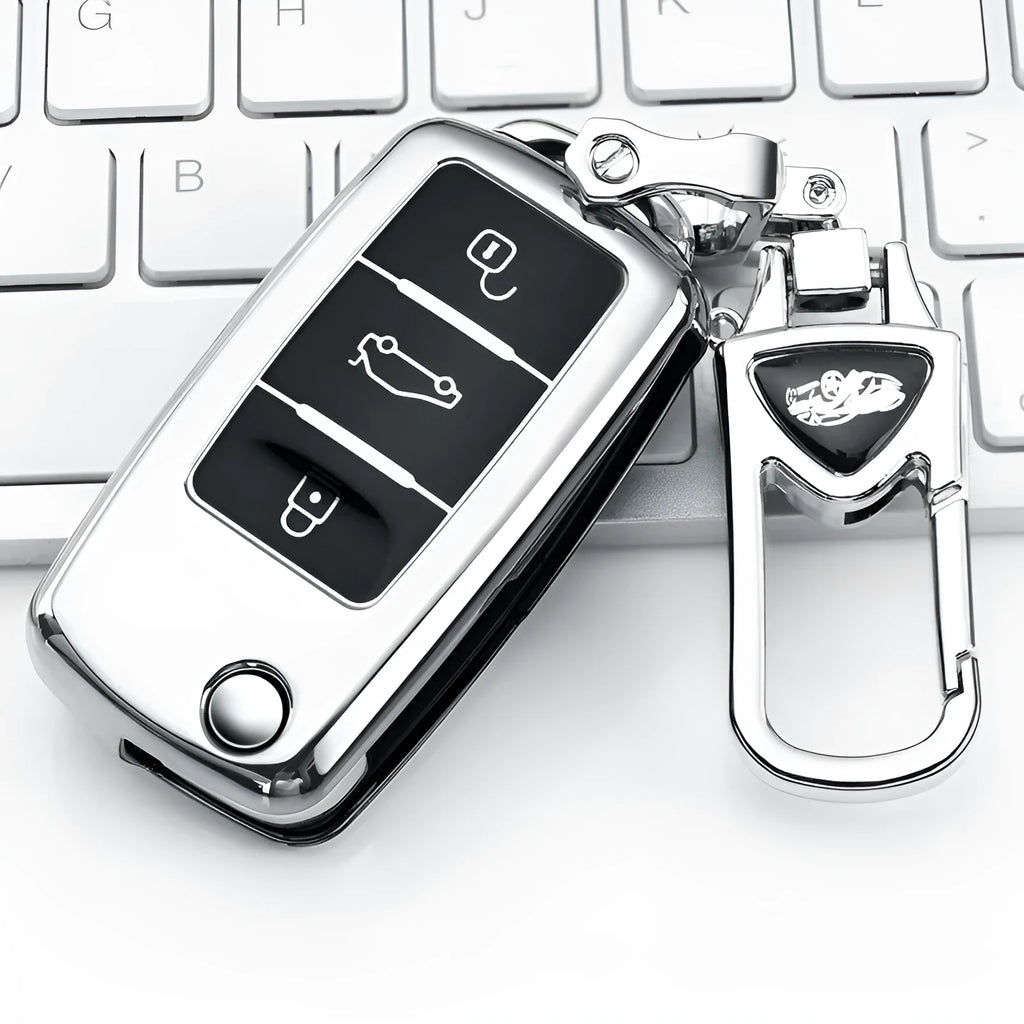 VW Model A car key case in blue, a TPU shell for a folding three-key fob.