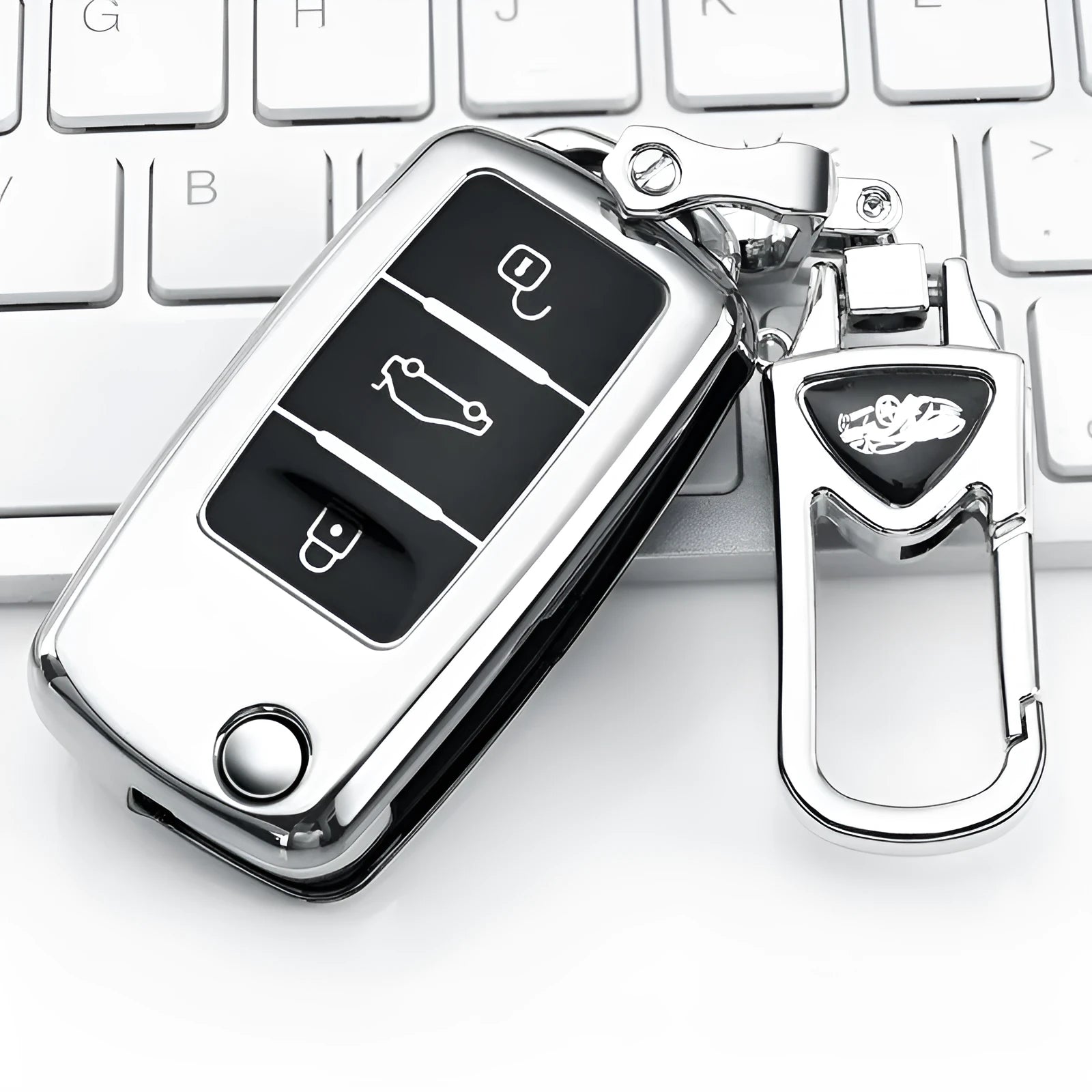 VW Model A car key case in blue, a TPU shell for a folding three-key fob.