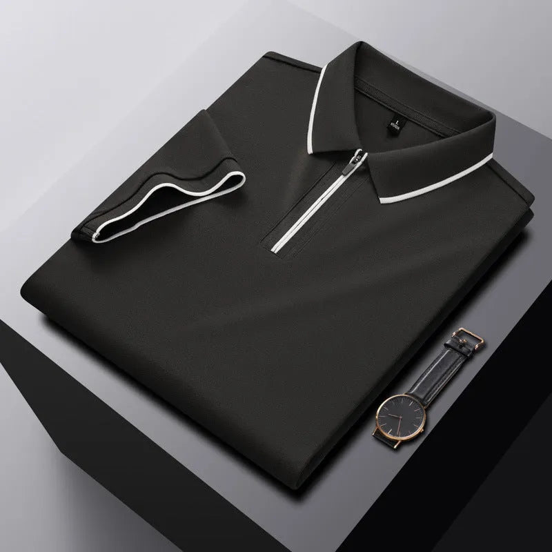 Men's solid colour polo shirt with a short sleeve and a front zipper collar.