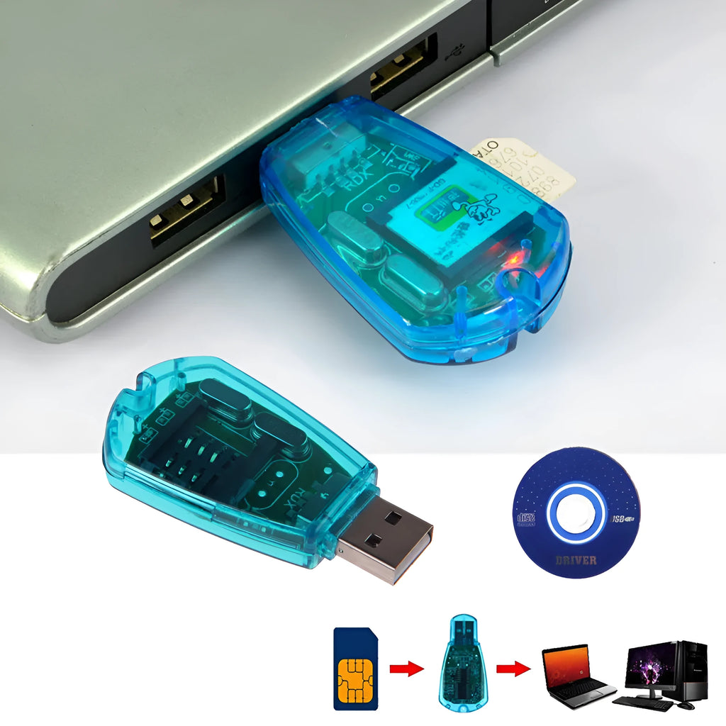 Blue external USB 2.0 mobile phone SIM card reader on a white background.