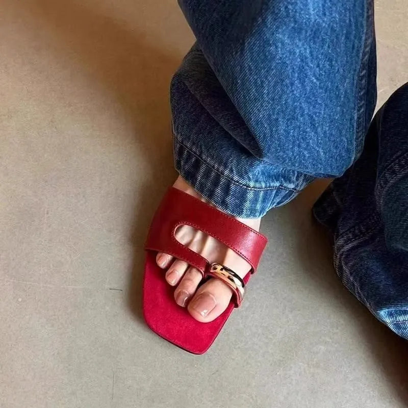 Square toe leather and rubber plus size outdoor slippers in red, shown from the side.