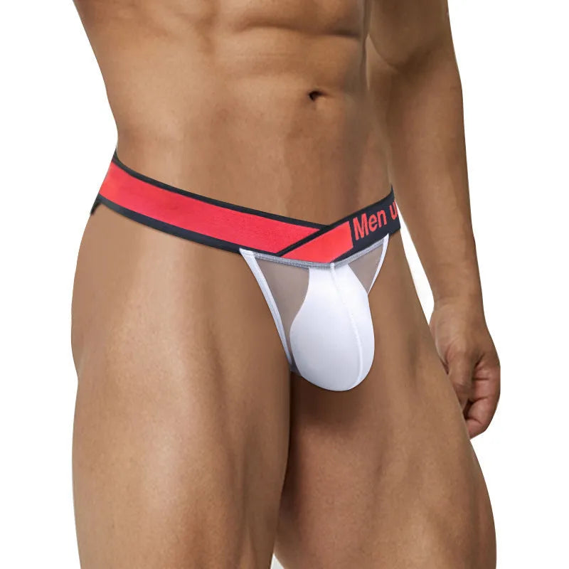 Men's red ice silk nylon briefs with a large V gradient high-fork cut on a white background.
