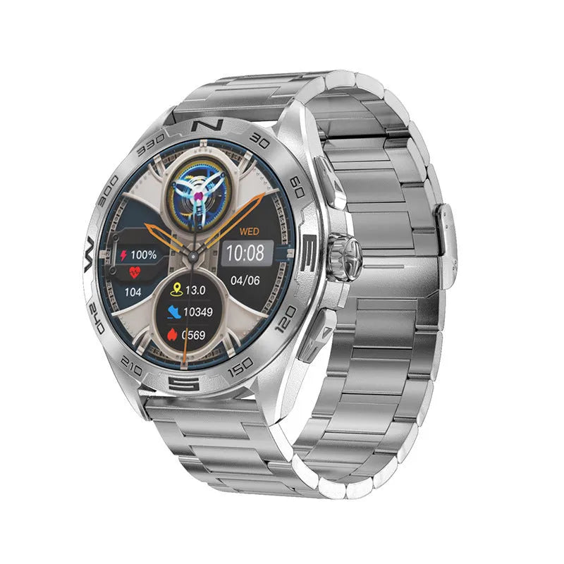 Smart watch displaying health metrics on its IPS screen, shown in a black steel colour variant with a standard strap.