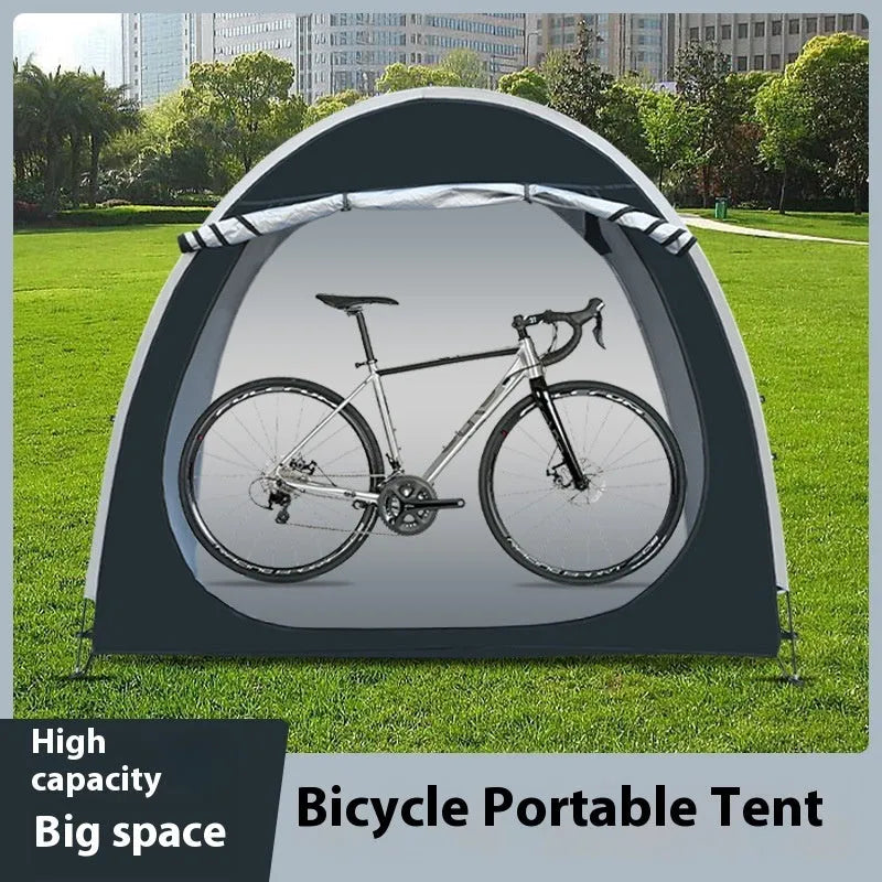 Black outdoor bicycle storage tent showing roof design and dimensions for two bikes