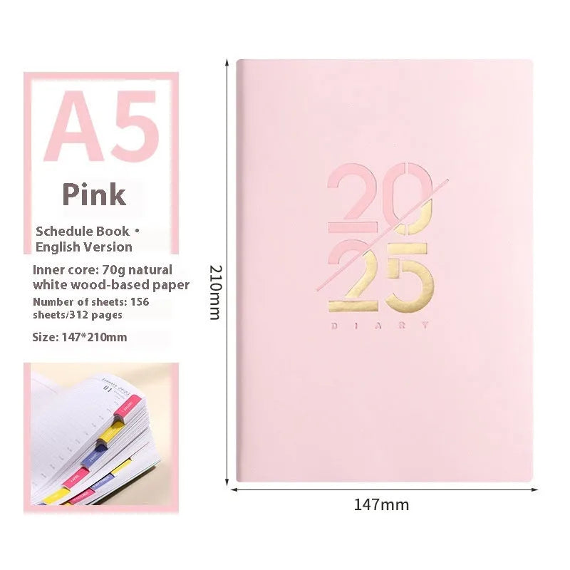 A5 2025 daily planner notebook with soft faux leather cover in multiple colours, open to show lined pages.