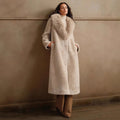 Women's long faux fur coat in camel colour with regular sleeves
