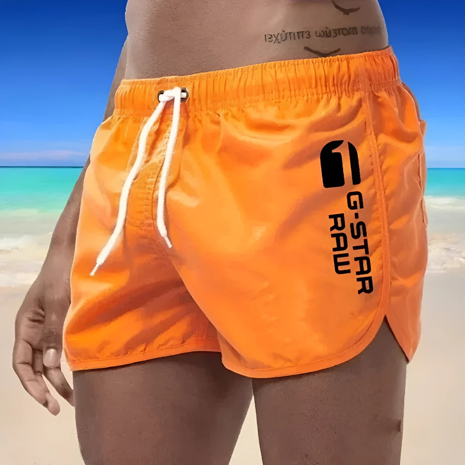 Men's thin hemp-blended polyester sport shorts in multiple colours on a mannequin, showing elastic waistband.