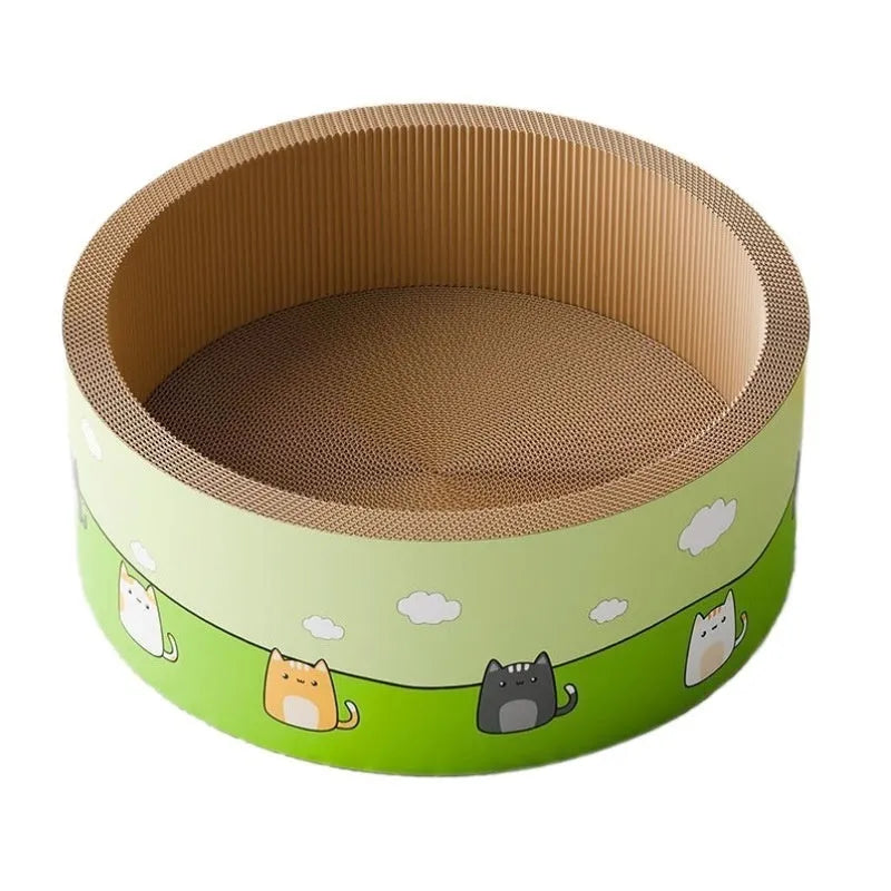 Large round deepening pit cat scratch board made from brown corrugated paper.