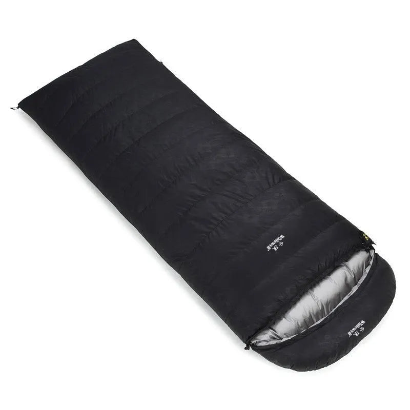 Black outdoor sleeping bag with envelope structure and white goose down filling.
