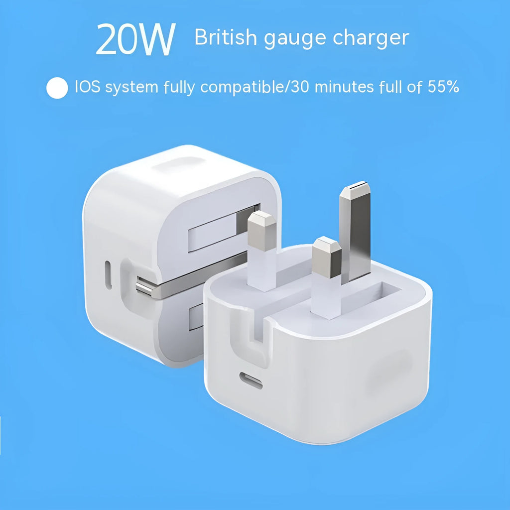 White 20W USB-C Power Delivery fast charger with British plug and coiled USB-C cable.