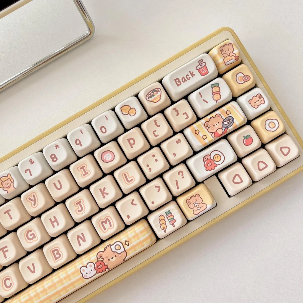 Set of 140 PBT keyboard key caps with Rabbit Bear Restaurant theme in EOA height profile.