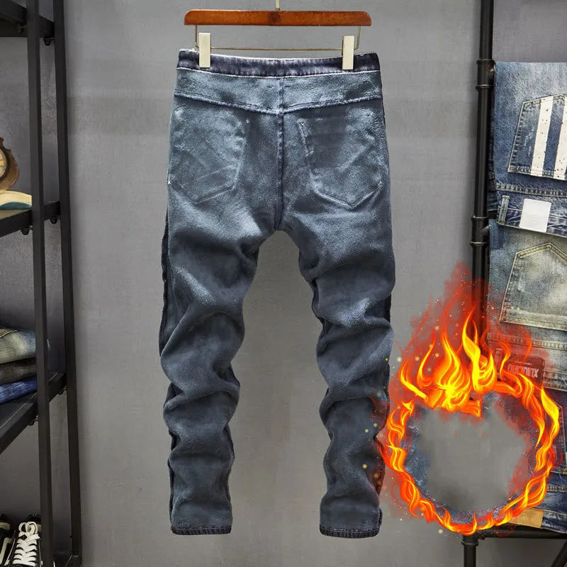 Men's slim-fitting skinny jeans in dark blue cotton denim with micro elasticity, showing mid-waist trousers design
