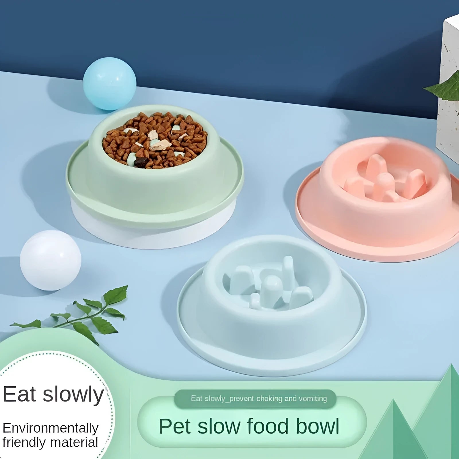 Round pet slow food bowl in blue with raised internal ridges, non-slip base, 17cm diameter
