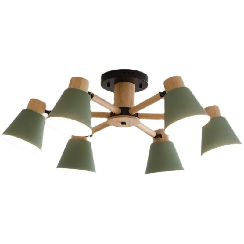 Nordic macaron style ceiling pendant lamp with ironwood frame showing multiple head configuration