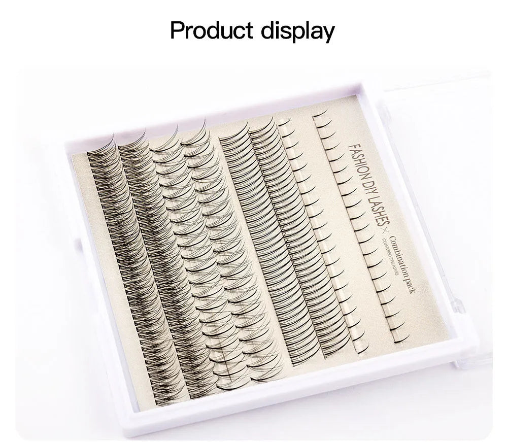 Segmented false eyelash kit open showing lashes, pink and black glue pots, tweezers, and an applicator brush.