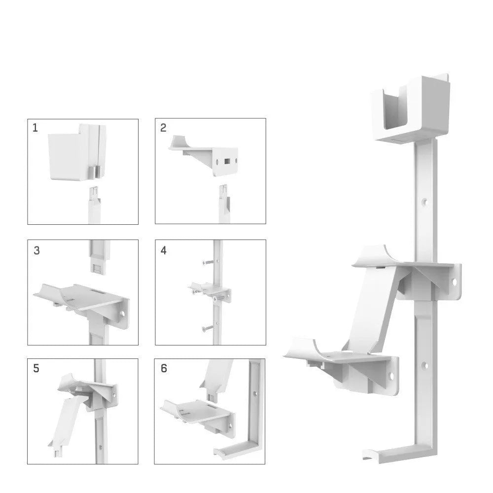White ABS plastic wall hook holding a PS5 controller and headphones.