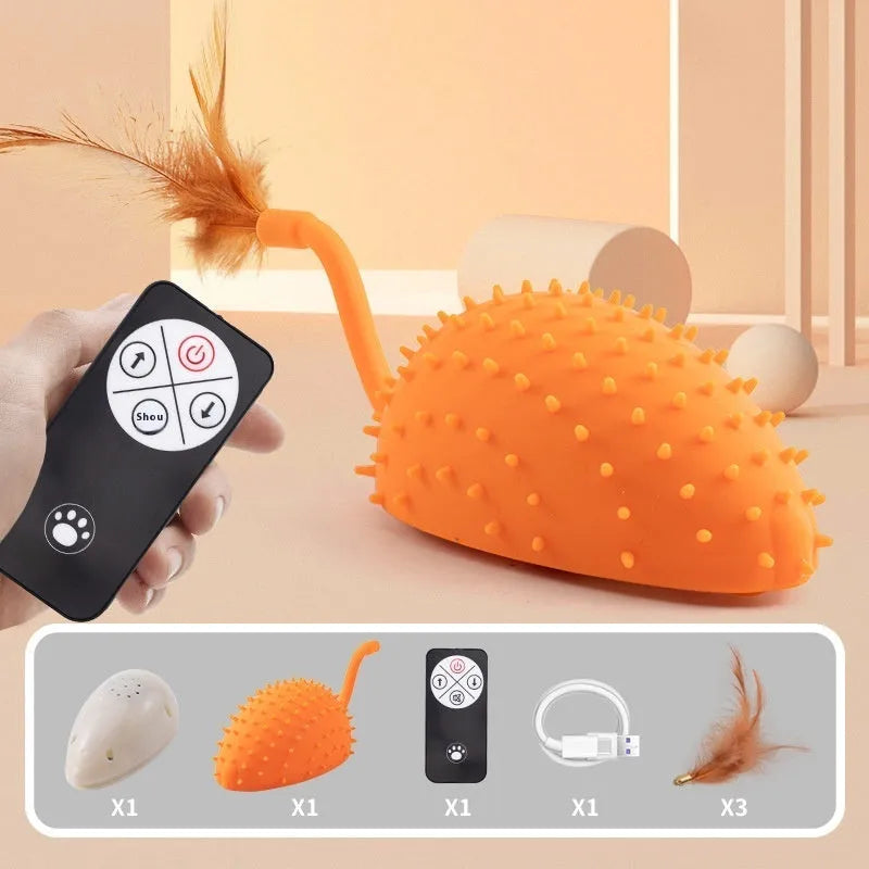 Remote control silicone mouse cat toy with feather attachment in cyan, orange, or yellow colours