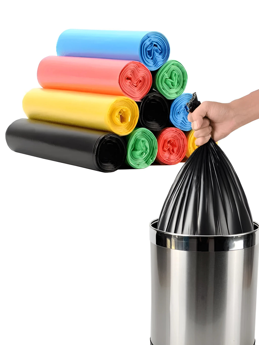 Roll of thickened black disposable plastic bags with flat-mouth design for household use.